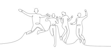 sürekli bir çizim için dört mutlu takım üyeleri kutlama vektör çizim atlama