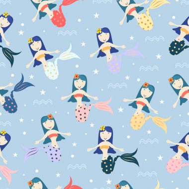 Harika deniz kızı çocukça çizim tarzı renkli arka plan ile yaz tatil çocuklar, Bebek, genç ve çocuk moda Tekstil baskı ve sarma için seamless modeli. Fantezi stil kavramı.