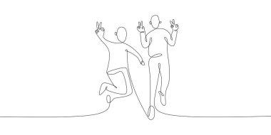 Sürekli çizgi sanat iki kişinin kendi elleriyle onun barış sembolü yükselen resim. Minimalist tasarım afiş vektör çizim.