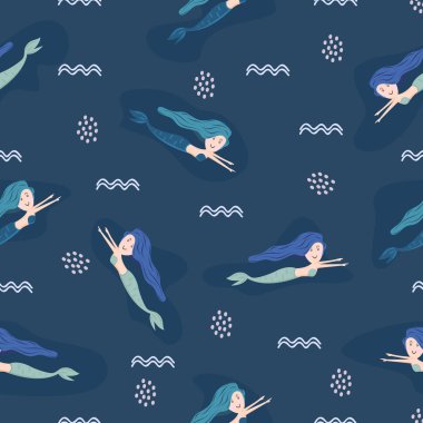 Sevimli deniz kızı çocukça çizim tarzı renkli arka plan ile yaz tatil çocuklar, Bebek, genç ve çocuk moda Tekstil baskı ve sarma için seamless modeli. Fantezi stil kavramı.
