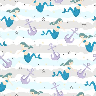 Sevimli deniz kızı çocukça çizim renkli karikatür Dikişsiz desen arka plan çocuklar ve bebek moda Tekstil için hazır için yazdırma