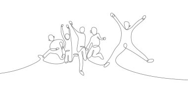 sürekli bir çizim için dört mutlu takım üyeleri kutlama vektör çizim atlama