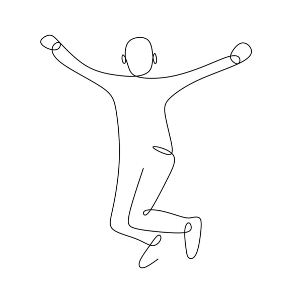 Desenho Linha Contínua Homem Feliz Pulando Levantando Suas Mãos Ilustração — Vetor de Stock