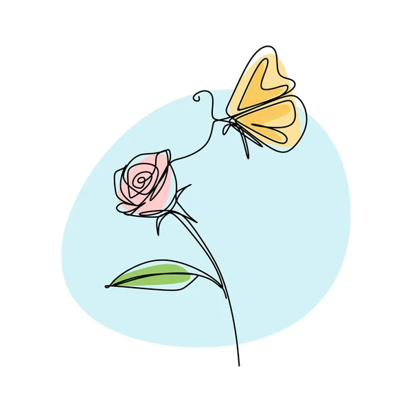 Belle Fleur Avec Dessin Ligne Continue Papillon Illustration Vectorielle Design — Image vectorielle