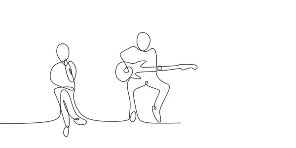 Непрерывная Линия Рисования Музыкального Концерта Мужчиной Играющим Электрогитаре Поющим Песню — стоковый вектор