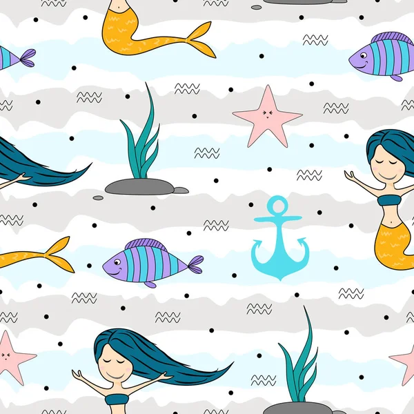 Sevimli deniz kızları renkli yaz tasarım teması ile Seamless çocukça modeli. Denizaltı vektör trendy doku. Mükemmel kumaş, tekstil, ambalaj için