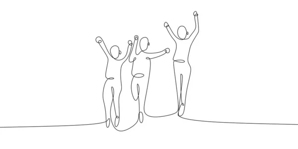 Непрерывный Рисование Одной Линии Четырех Прыгающих Счастливых Членов Команды Празднование — стоковый вектор