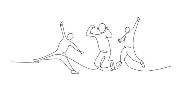 Непрерывный Рисование Одной Линии Четырех Прыгающих Счастливых Членов Команды Празднование — стоковый вектор