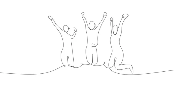 Glückliche Drei Personen Heben Ihre Hände Mit Kontinuierlichen Zeichenkunst Zeichnung — Stockvektor