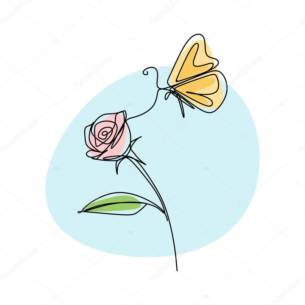 Beautiful flower with butterfly continuous line drawing vector illustration minimalist design.