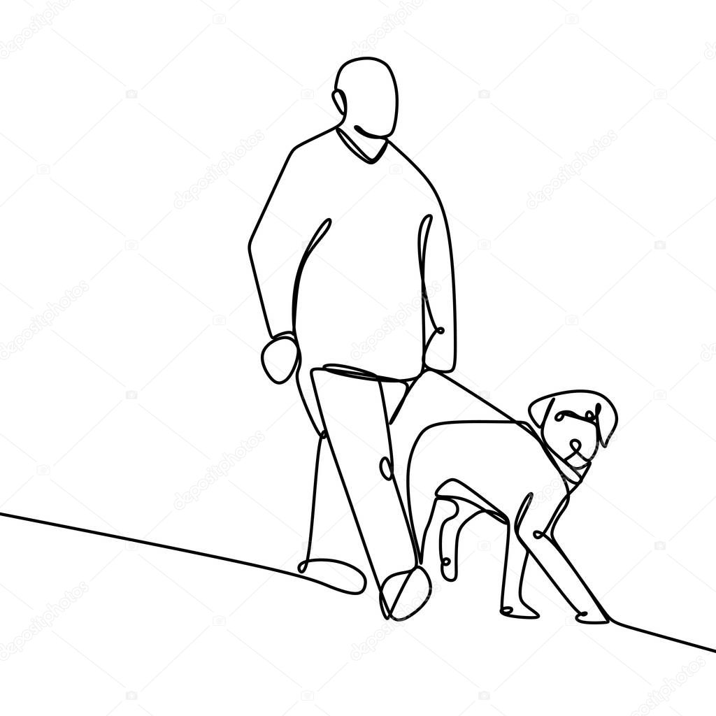 Continuous one line a guy is walking with a dog.