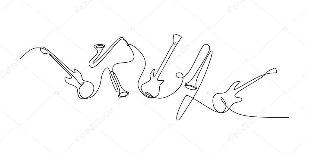 Continuous line drawing of jazz instrument. Musical tools of electric guitar, trumpet, violin, bass, and saxophone.