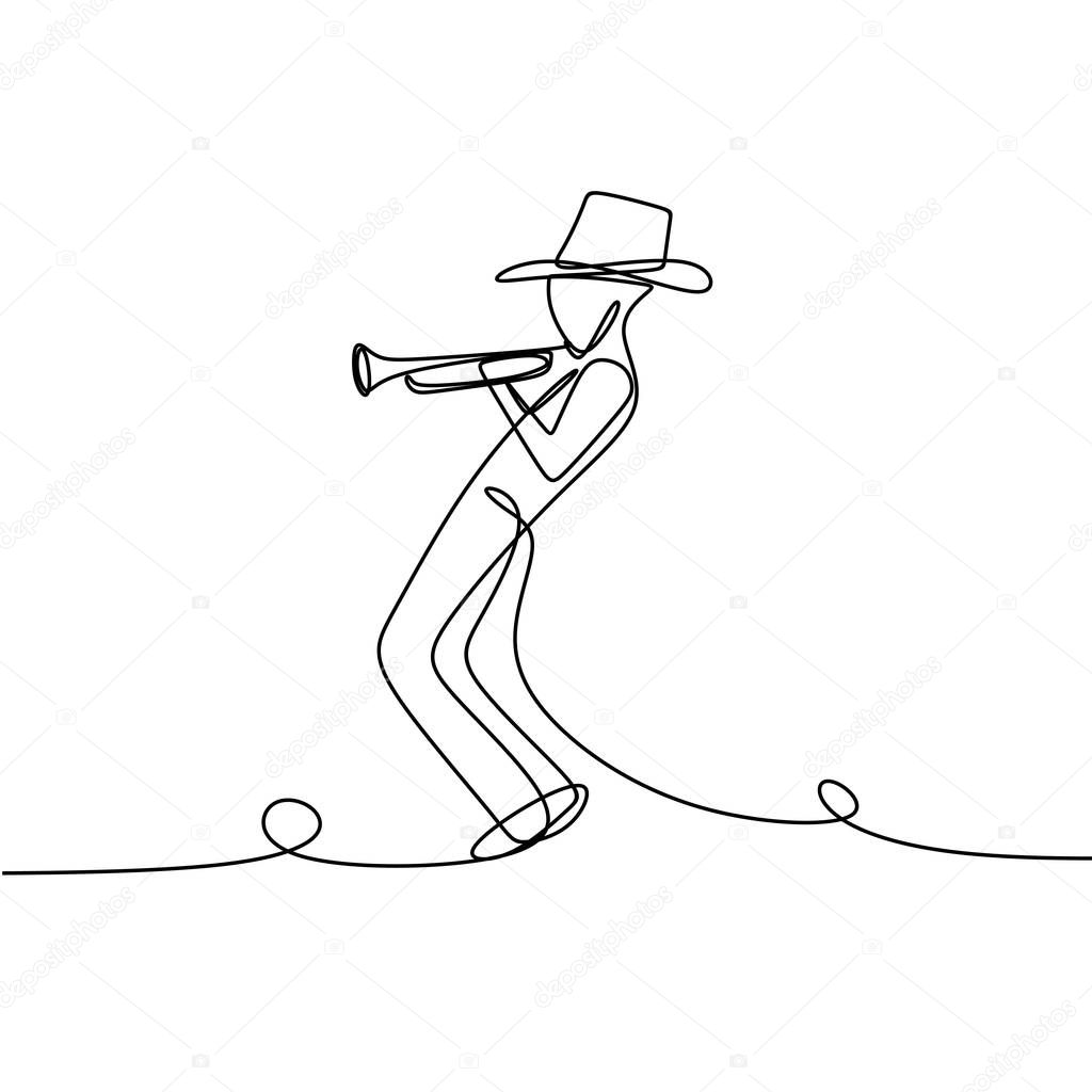 Jazz player with continuous line art drawing. A person playing a trumpet.