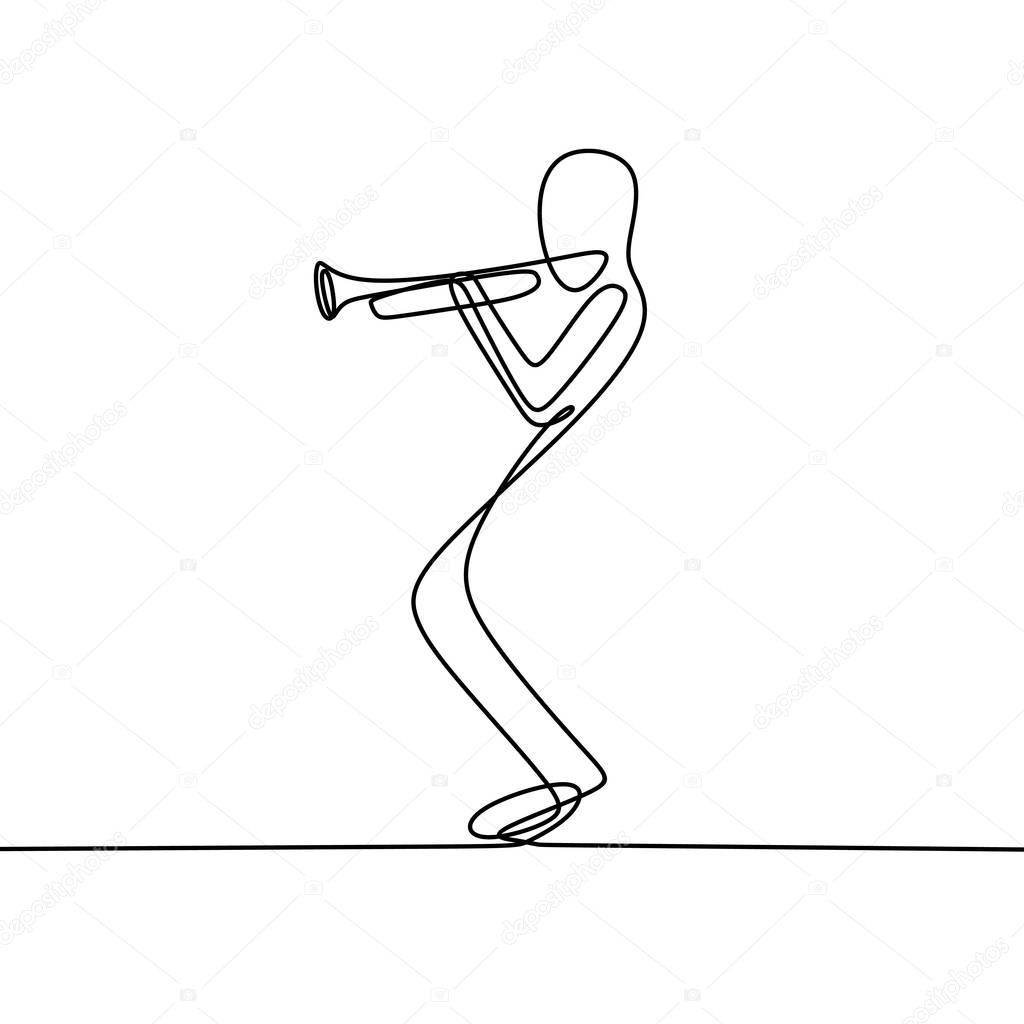 A person playing instrumental music that is a trumpet continuous one line drawing vector illustration