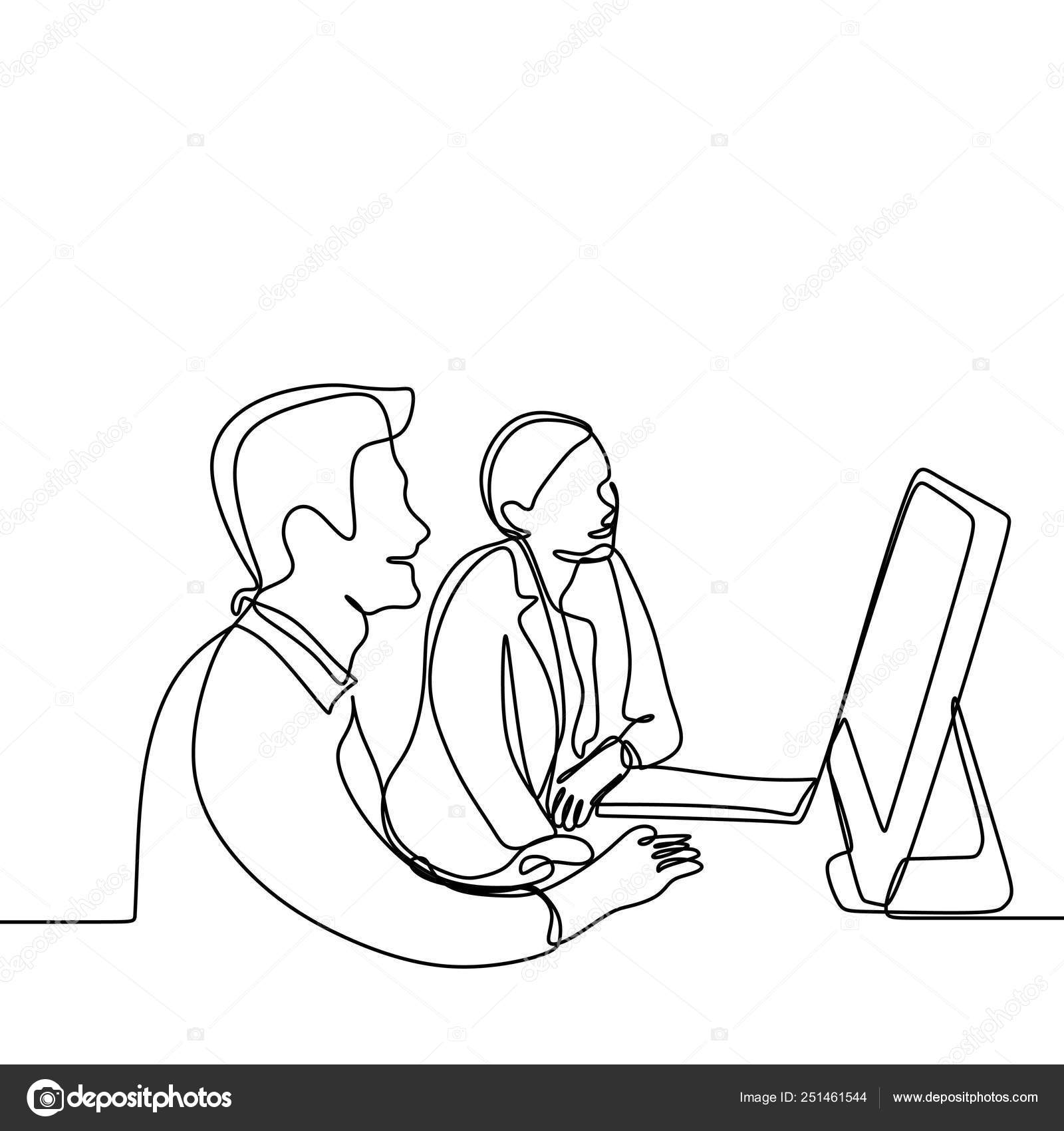 Homem e menina fazendo trabalho e discussão para o projeto com um  computador. Uma linha contínua desenho vetor ilustração de duas pessoas no  escritório para empresa . Vetor de ©ngupakarti 251461544, image size:1600x1700