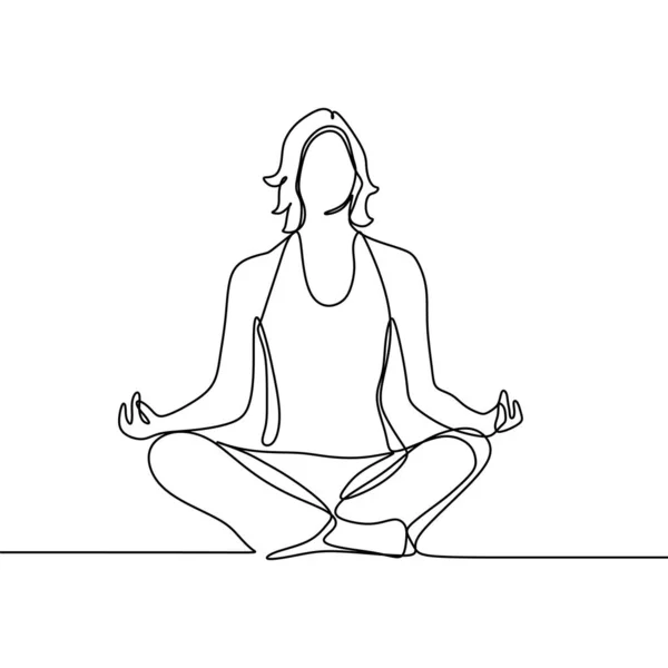 Yoga menina linha contínua desenho vetor ilustração. Conceito de meditação de uma mulher sentar e relaxamento . —  Vetores de Stock