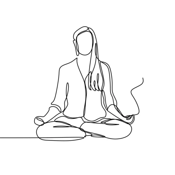 Yoga chica línea continua dibujo vector ilustración. Concepto de meditación de una mujer sentada y relajada . — Vector de stock