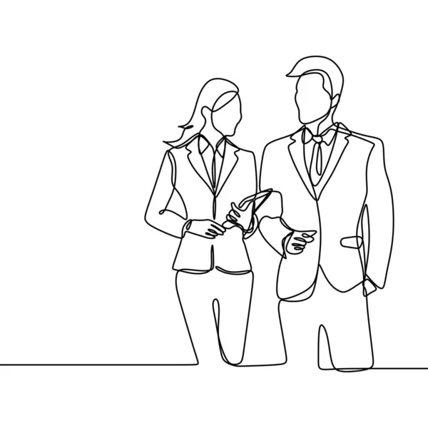 Duas pessoas de escritório. conceito de um chefe e sua secretária de pé parece suave e impressionante contínua uma linha desenho vetor ilustração minimalismo estilo tema . —  Vetores de Stock