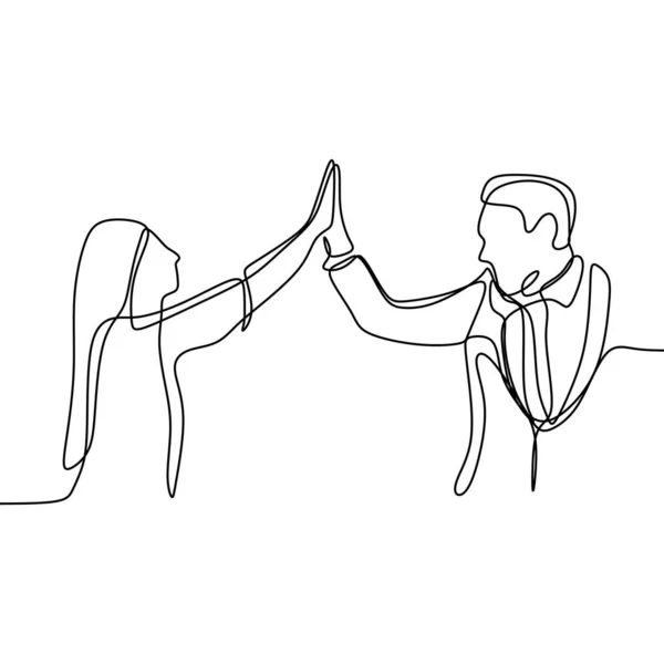 Duas pessoas a levantar a mão e a atirar mais cinco. Desenho de linha contínua de um homem de escritório e uma menina terminando ou negociando seu projeto . — Vetor de Stock