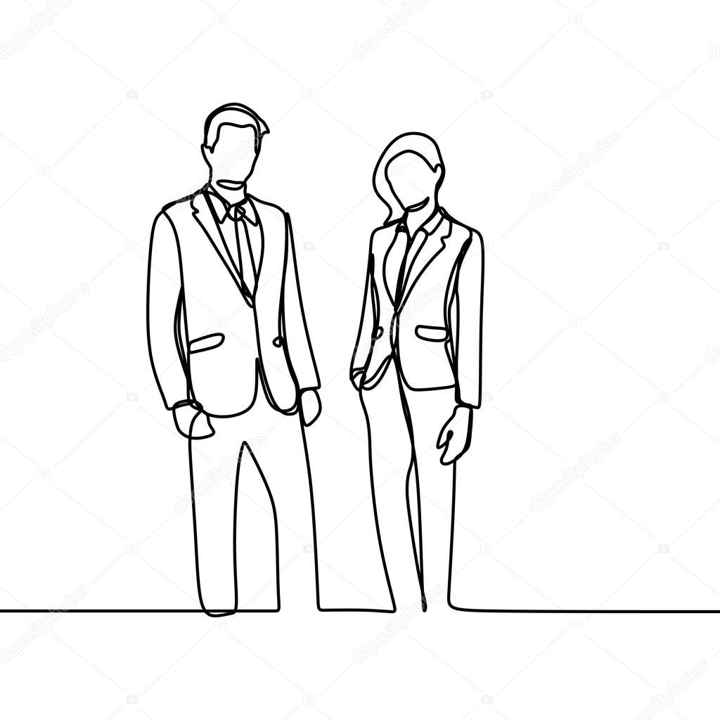 Two person of office worker. concept of a boss and his secretary standing looks gentle and awesome continuous one line drawing vector illustration minimalism style theme.