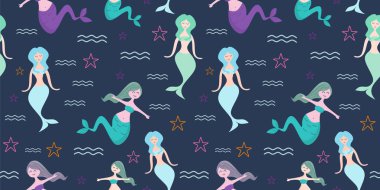 Sevimli deniz kızları ile Seamless çocukça modeli. Denizaltı vektör çizim trendy doku. Kaydırma İskandinav stili kumaş, tekstil, için mükemmel.