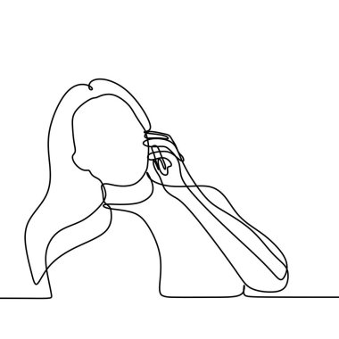 Kız oynamaya ve akıllı telefon sürekli çizgi çizme kullanarak. Kadınlar iletişim kavramı vektörünün mobil gadget teknoloji mimari tasarım çizim ile bir lineart.