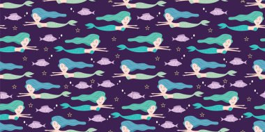 Deniz kızı desen çocukça çizim renkli trendy vektör çizim ile. Çocuk ve bebek moda Tekstil baskı için komik tasarım denizaltı Dikişsiz el çekilmiş.