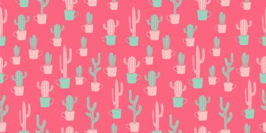 Kaktüs trendy Dikişsiz desen vektör çizim pembe bir arka plan üzerinde