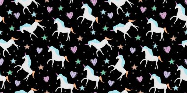 El çekilmiş sorunsuz vektör desen ile şirin tek boynuzlu atlar. Koyu siyah arka plan üzerine tekrarlayan duvar kağıdı. Kumaş, duvar kağıdı, kağıt veya çocuk odası Dekor kaydırma için mükemmel.