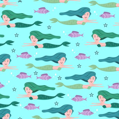 Deniz kızı desen çocukça çizim renkli trendy vektör çizim ile. Çocuk ve bebek moda Tekstil baskı için komik tasarım denizaltı Dikişsiz el çekilmiş.