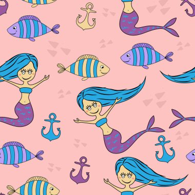 Kesintisiz deniz kızı çocukça çizim desenle sevimli Deniz kızları ve moda vektör çizim bebek ve çocuklar için deniz hayvanları