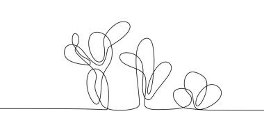 Vektör şirin kaktüs sürekli bir çizim için siyah ve beyaz eskiz House bitkiler Isolated beyaz arka plan üzerinde. Saksı kaktüs aile elle çizilmiş illüstrasyon