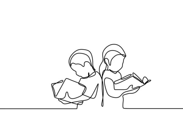 Crianças lêem livro uma linha contínua desenho educação tema —  Vetores de Stock