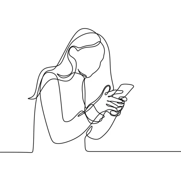 Dziewczyna gry i za pomocą inteligentnego telefonu ciągłego rysowania linii. Jeden przebiegłość kobiety komunikacja koncepcja wektor z zdejmowany gadżet technologia minimalizm konstrukcji ilustracja. — Wektor stockowy