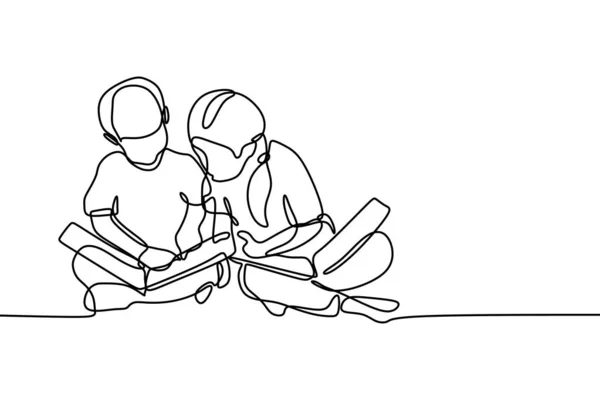 Deux enfants lisent livre ligne continue dessin vectoriel illustration minimalisme style — Image vectorielle