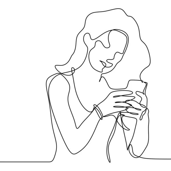 Chica jugando y usando el dibujo de línea continua del teléfono inteligente. Un vector lineal de concepto de comunicación de las mujeres con tecnología de gadget móvil minimalismo diseño ilustración . — Archivo Imágenes Vectoriales