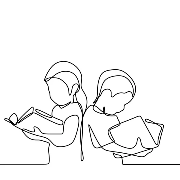 Τα παιδιά διαβάζουν βιβλίο συνεχή ένα γραμμικό σχέδιο — Διανυσματικό Αρχείο
