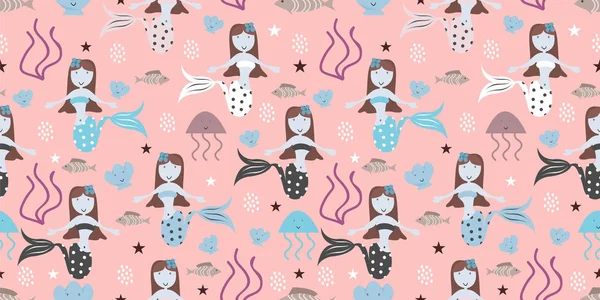 Patrón de sirena con dibujo infantil ilustración vectorial de moda colorida. Diseño divertido dibujado a mano sin costura submarina para niños y bebé impresión textil de moda . — Vector de stock