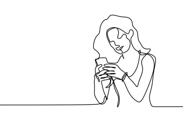 Dibujo continuo de una línea de niña jugando y usando teléfono móvil o teléfono inteligente — Vector de stock