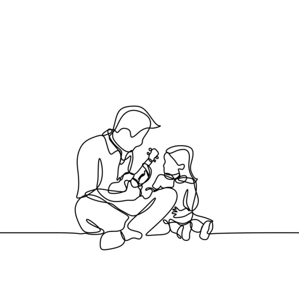 Непрерывный одиночный рисовал одну линию отец играть на гитаре и петь песню для своей дочери нарисованной рукой картины. Линейное искусство. doodle — стоковый вектор