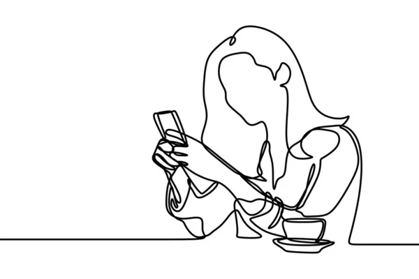 Kobieta przy użyciu telefonu komórkowego ciągłej linii rysunku — Wektor stockowy