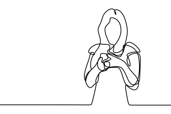 Непрерывный однострочный рисунок девушки, играющей и использующей мобильный телефон или смартфон — стоковый вектор