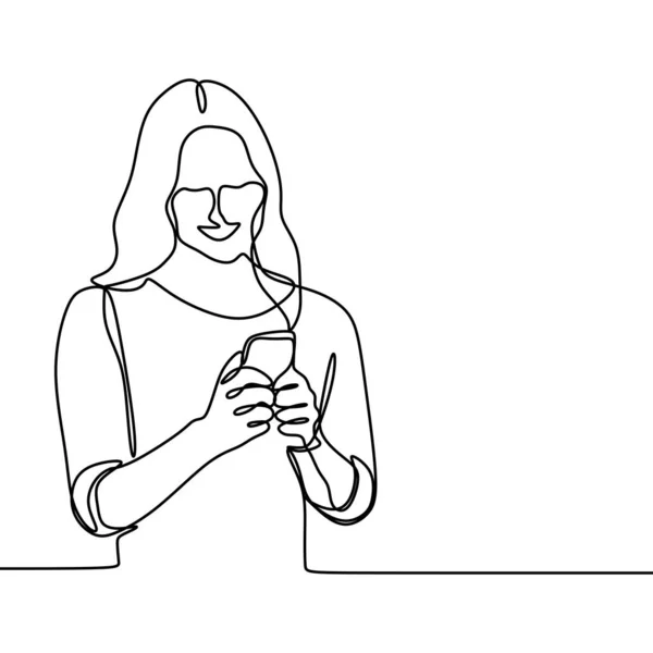 Meisje spelen en het gebruik van slimme telefoon continu lijntekening. Één lineart van vrouwen communicatie concept vector met mobiele gadget technologie minimalisme ontwerp illustratie. — Stockvector