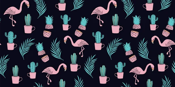 Flamingo, folhas tropicais e abacaxi selva vetorial desenhada à mão no fundo escuro — Vetor de Stock