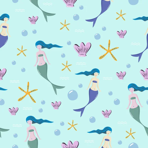 Seamless mermaid childish drawing pattern with cute mermaids and marine animals for baby and kids fashion vector illustration — Stock Vector