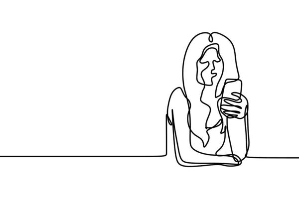 Desenho contínuo de uma linha de menina jogando e usando telefone celular ou smartphone —  Vetores de Stock