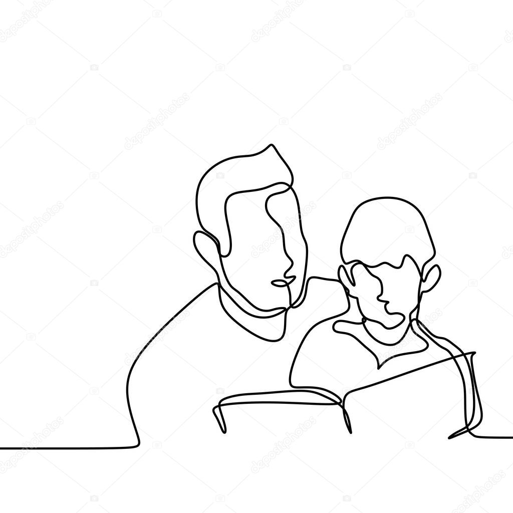 Father and his son read book one continuous single line drawing vector illustration