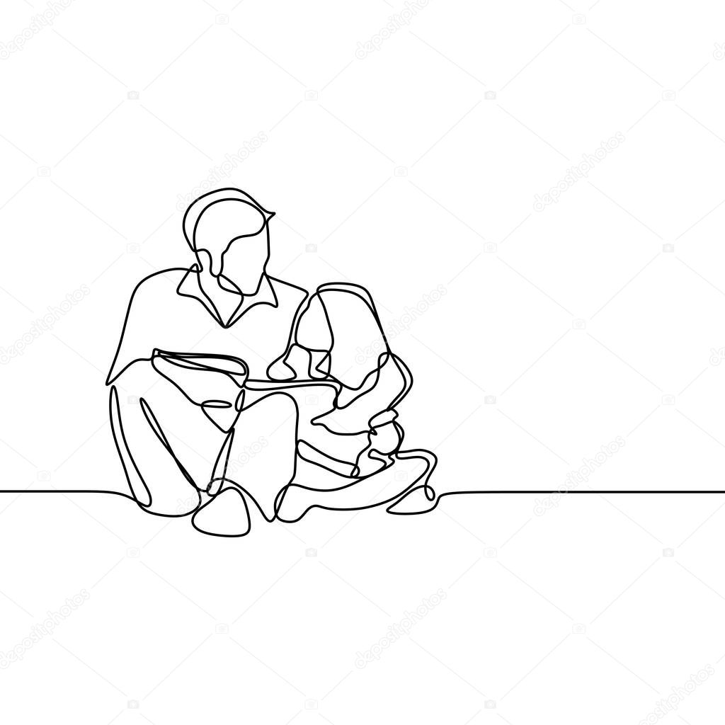 continuous single drawn one line the daddy tell story the child minimalism family concept