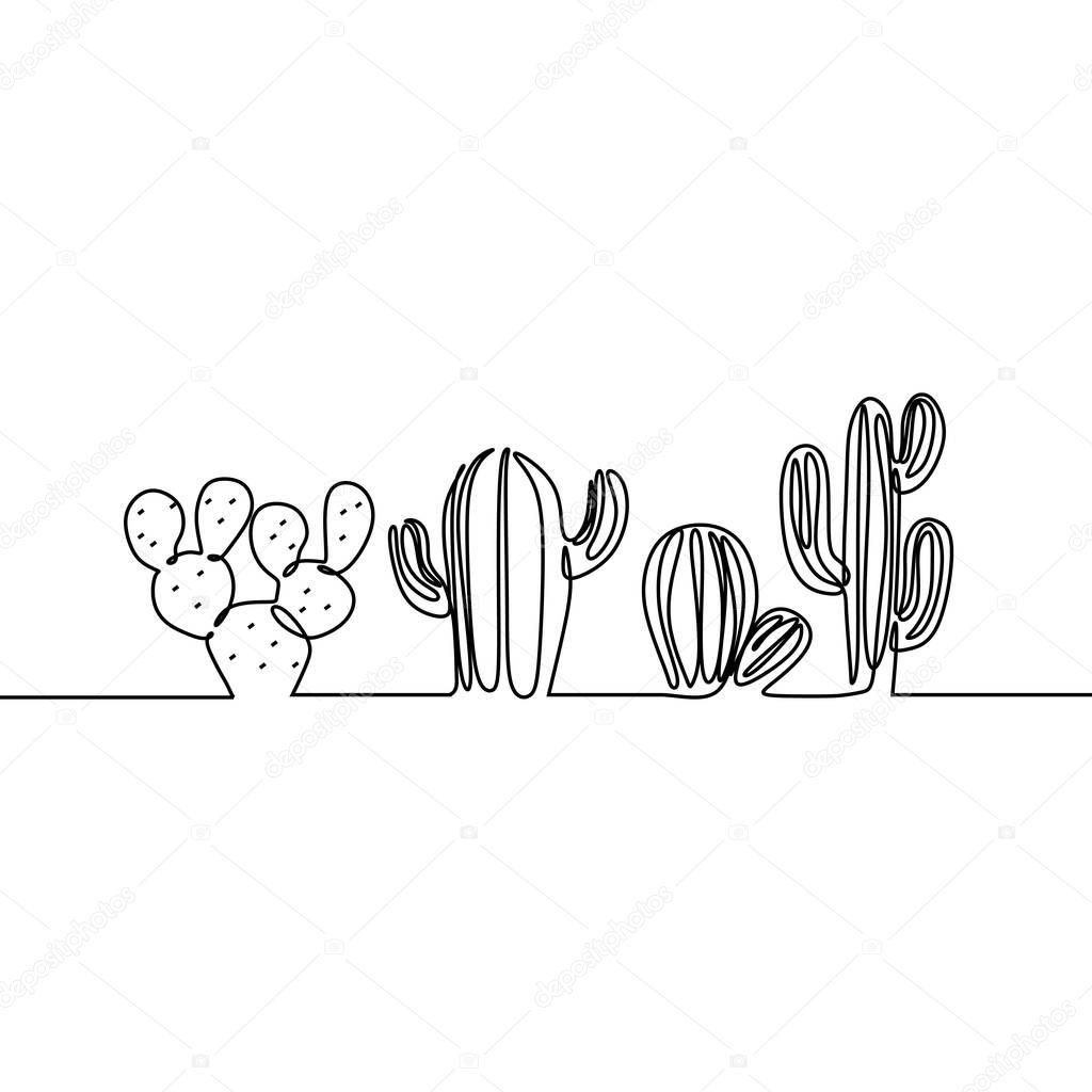 Continuous Line Drawing of Vector Set of Cute Cactus Black and White Sketch House Plants Isolated on White Background. Potted Cactus Family single Line Hand Drawn Illustration