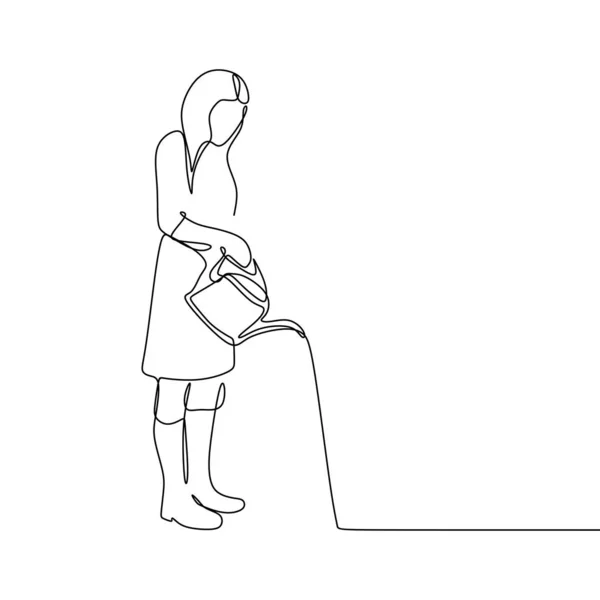 Dibujo de línea continua de una mujer regando una planta . — Vector de stock